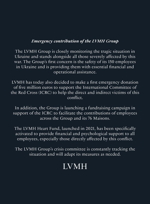 LVMH : un don de 5 millions d'euros en faveur de l'Ukraine.