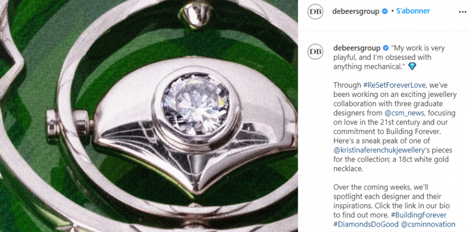 De Beers post instagram collection diamant