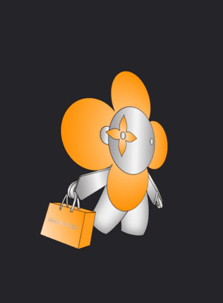 Image de la mise en pause du serveur Discord de Louis Vuitton figurant la mascotte fleur Vivienne avec une valise siglée